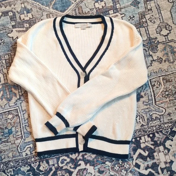 LOFT Varsity Women's Cream Cardigan with Navy Trim - Picture 3 of 4